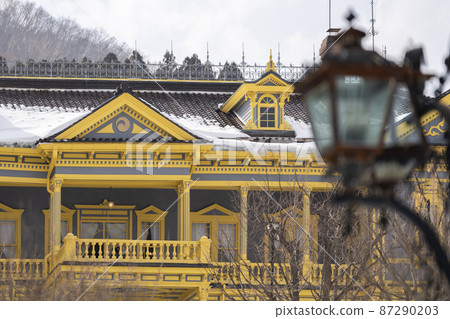 Old Public Hall of Hakodate Ward in winter and retro street lights Hakodate, Hokkaido 87290203