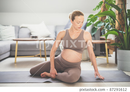 Young beautiful pregnant woman training pilates at home in her living room. Healthy lifestyle and active pregnancy and motherhood concept. Young beautiful pregnant woman training pilates at home in her living room. Healthy lifestyle and active pregnancy and motherhood concept. 87291612