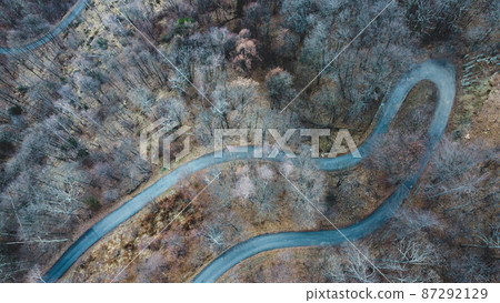 Narrow road in misty forest, aerial view. 87292129