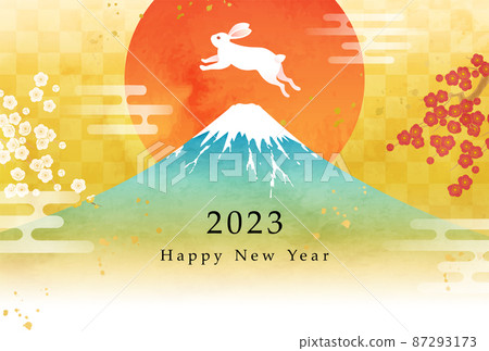 2023 年新年賀卡的矢量插圖模板,帶有水彩富士山和兔子和第一次日出 2023 年新年賀卡的矢量插圖模板,帶有水彩富士山和兔子和第一次日出 87293173