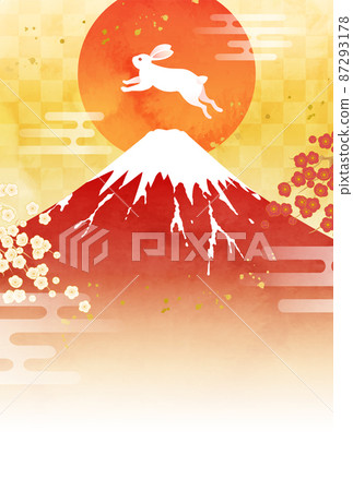 Vector illustration template for 2023 New Year's card with watercolor Mt. Fuji and rabbit and first sunrise (Red Fuji) 87293178