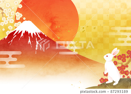 Vector illustration template for 2023 New Year's card with watercolor Mt. Fuji and rabbit and first sunrise (Red Fuji) Vector illustration template for 2023 New Year's card with watercolor Mt. Fuji and rabbit and first sunrise (Red Fuji) 87293189