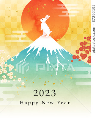 Vector illustration template for 2023 New Year's card with watercolor Mt. Fuji and rabbit and first sunrise Vector illustration template for 2023 New Year's card with watercolor Mt. Fuji and rabbit and first sunrise 87293192