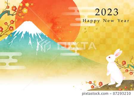 Vector illustration template for 2023 New Year's card with watercolor Mt. Fuji and rabbit and first sunrise Vector illustration template for 2023 New Year's card with watercolor Mt. Fuji and rabbit and first sunrise 87293210