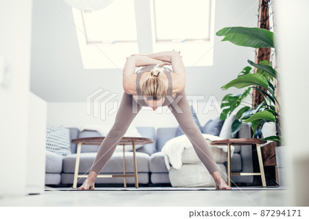 Young beautiful pregnant woman training pilates at home in her living room. Healthy lifestyle and active pregnancy and motherhood concept. Young beautiful pregnant woman training pilates at home in her living room. Healthy lifestyle and active pregnancy and motherhood concept. 87294171