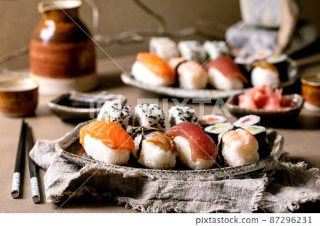 Japanese dish sushi and rolls rice with fish Japanese dish sushi and rolls rice with fish 87296231