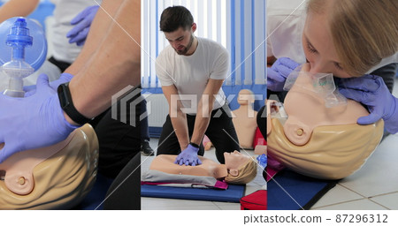 Collage of CPR training using and an AED and bag mask valve on an adult training manikin. 87296312