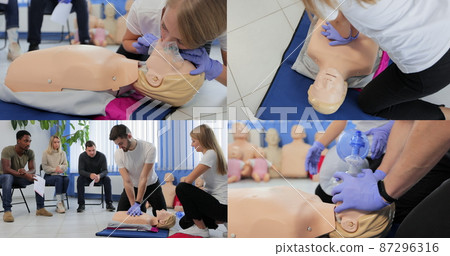 Multi-screen of instructor demonstrating CPR on mannequin at first aid training course. 87296316