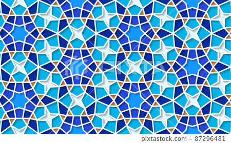 Arabic seamless girih pattern with classic islamic culture ornament. Colorful tiled background with shadow. 87296481