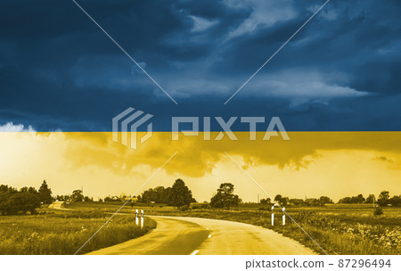 Ukrainian national flag pattern with storm, war concept Ukrainian national flag pattern with storm, war concept 87296494