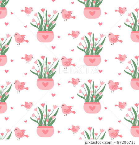Seamless pattern with pink flowers in a pot.... - Stock Illustration ...