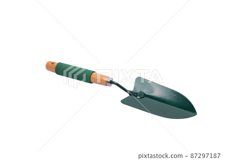 Garden trowel in isolated with clipping path.A tool for scooping, splashing, or scooping up soil, similar to a pickaxe, but larger, flat in shape, with a long handle 87297187
