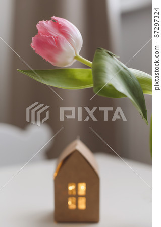 spring still life with fresh pink tulips, home decor. spring still life with fresh pink tulips, home decor. 87297324