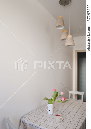 spring still life with fresh pink tulips, home decor. 87297325