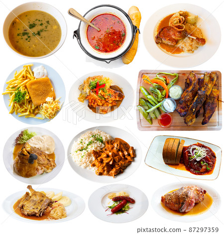 Collage of tasty Czech dishes on white background 87297359