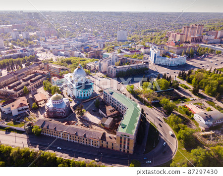 Panoramic aerial view of city of Kursk with buildings and landscape Panoramic aerial view of city of Kursk with buildings and landscape 87297430