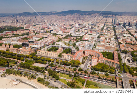 Aerial view of Barcelona cityscape with a modern apartment buildings Aerial view of Barcelona cityscape with a modern apartment buildings 87297445