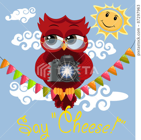 Owl-photographer in glasses sits on a garland and makes a report, photos. Inscription Say cheese Owl-photographer in glasses sits on a garland and makes a report, photos. Inscription Say cheese 87297963