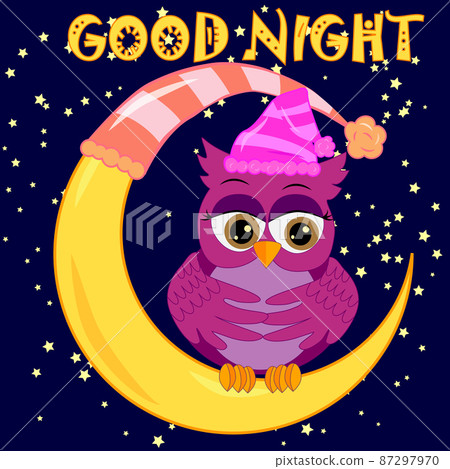 A sweet fairy-tale pink owl in a hat for dream dreams, sings a lullaby, lulls the sky, the moon and stars sitting on a sleeping sickle of the moon among a dark night sky and stars 87297970