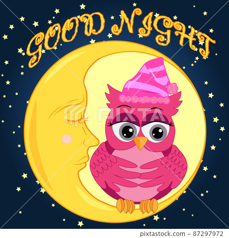 A sweet cartoon pink owl in a sleeping cap relaxes sitting on a sleeping sickle of the moon among a dark night sky and stars 87297972