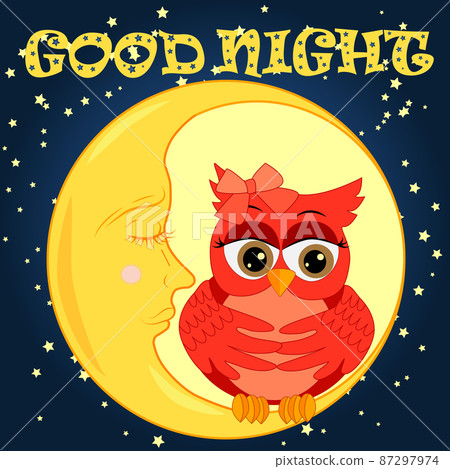 A sweet cartoon pink owl in a sleeping cap relaxes sitting on a sleeping sickle of the moon among a dark night sky and stars 87297974