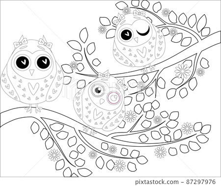 Coloring book for adult and older children. Coloring page with cute owl and floral. 87297976
