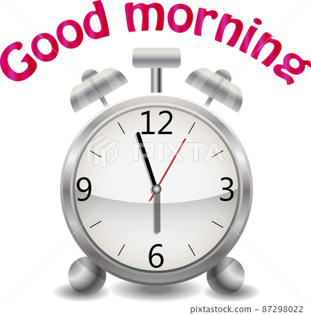 A realistic alarm clock on a white background. Inscription Good morning 87298022