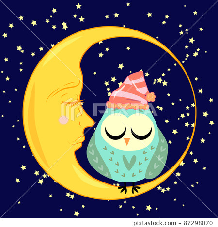 cute cartoon sleeping owl in circles with closed eyes sits on a drowsy crescent among the stars. cute cartoon sleeping owl in circles with closed eyes sits on a drowsy crescent among the stars. 87298070