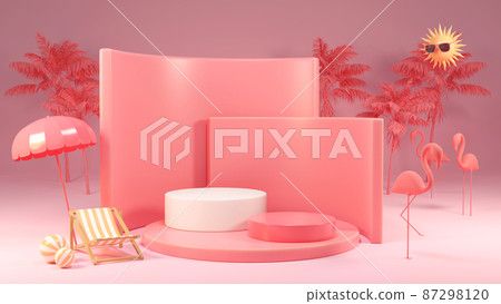 3d rendering box podium palm leaves with summer background. 3d rendering box podium palm leaves with summer background. 87298120