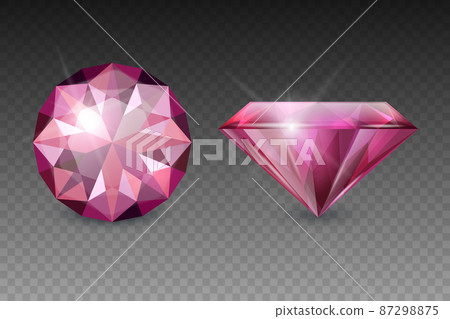 Vector 3d Realistic Pink Transparent Gemstone, Diamond, Crystal, Rhinestones Icon Set Closeup Isolated. Jewerly Concept. Design Template, Clipart. Top and Side View 87298875