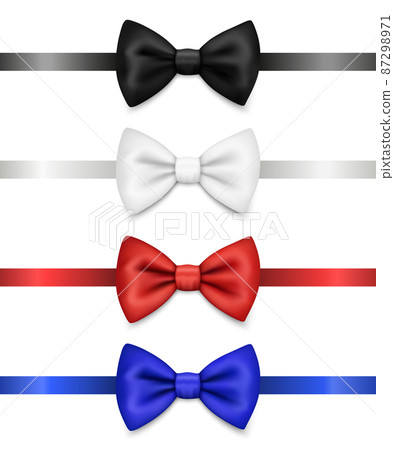Vector 3d Realistic Red, Blue, White, Black Bow Tie Icon Set Closeup Isolated. Silk Glossy Bowtie, Tie Gentleman. Mockup, Design Template. Bow tie for Man. Mens Fashion, Fathers Day Holiday Vector 3d Realistic Red, Blue, White, Black Bow Tie Icon Set Closeup Isolated. Silk Glossy Bowtie, Tie Gentleman. Mockup, Design Template. Bow tie for Man. Mens Fashion, Fathers Day Holiday 87298971