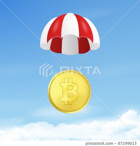 Vector 3d Realistic Bitcoin with Parachute in Sky. Rising Price of Bitcoin, Web banner of Blockchain Technology, Bitcoin, Altcoins, Cryptocurrency Mining, Finance, Digital Money Market 87299013