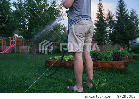 A man is watering outdoor plants in the garden on the background of a playground. Jet spraying of water in daylight. Gardening and hobby concept. High quality photo A man is watering outdoor plants in the garden on the background of a playground. Jet spraying of water in daylight. Gardening and hobby concept. High quality photo 87299092