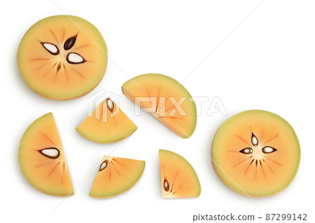 Sapodilla slices isolated on white background with clipping path and full depth of field. Top view with copy space for your text. Flat lay Sapodilla slices isolated on white background with clipping path and full depth of field. Top view with copy space for your text. Flat lay 87299142