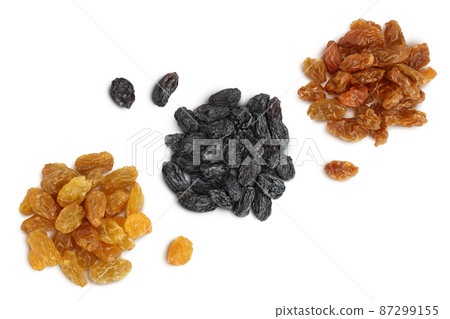 Black, yellow and brown raisins isolated on white background with clipping path. Top view. Flat lay. Set or collection Black, yellow and brown raisins isolated on white background with clipping path. Top view. Flat lay. Set or collection 87299155