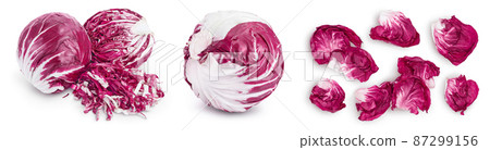 Fresh red radicchio salad chopped isolated on white background with full depth of field. Set or collection Fresh red radicchio salad chopped isolated on white background with full depth of field. Set or collection 87299156