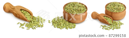 Dried fennel seeds isolated on white background with clipping path. Top view. Flat lay. Set or collection Dried fennel seeds isolated on white background with clipping path. Top view. Flat lay. Set or collection 87299158