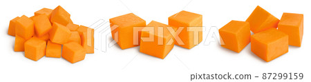 Fresh orange pumpkin isolated on white background with clipping path and full depth of field. Set or collection 87299159