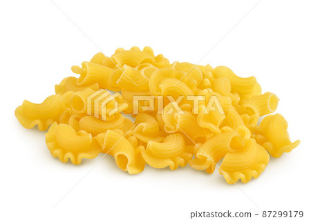 Pasta cornetti creste macaroni isolated on white background with clipping path and full depth of field Pasta cornetti creste macaroni isolated on white background with clipping path and full depth of field 87299179