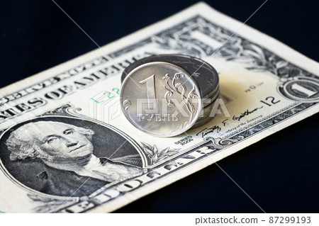 Russian ruble coin and one US dollar bill Russian ruble coin and one US dollar bill 87299193