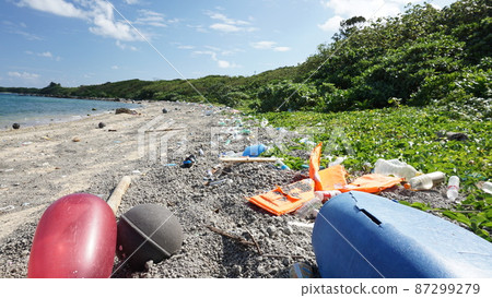 Garbage problem, industrial waste washed ashore on the beach Garbage problem, industrial waste washed ashore on the beach 87299279