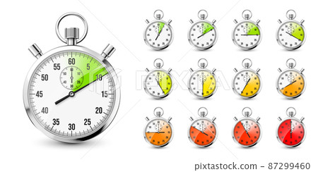 Realistic classic stopwatch icons. Shiny metal chronometer, time counter with dial. Red countdown Realistic classic stopwatch icons. Shiny metal chronometer, time counter with dial. Red countdown 87299460