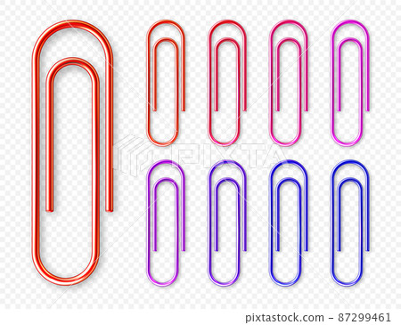 Realistic colorful metal paper clips on checkered background. Page holder, binder. Vector Realistic colorful metal paper clips on checkered background. Page holder, binder. Vector 87299461