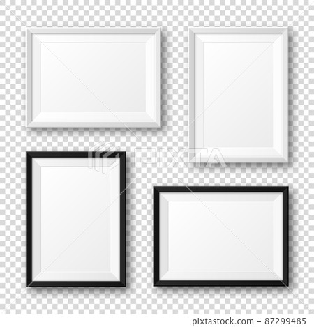 Realistic black and white picture frames with shadow on checkered background. Blank poster mockup 87299485