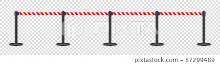 Realistic retractable belt stanchion on transparent background. Crowd control barrier posts with 87299489
