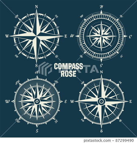 Vintage marine wind rose, nautical chart. Monochrome navigational compass with cardinal directions Vintage marine wind rose, nautical chart. Monochrome navigational compass with cardinal directions 87299490