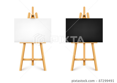 Realistic paint desk with blank black and white canvas. Wooden easel and a sheet of drawing paper Realistic paint desk with blank black and white canvas. Wooden easel and a sheet of drawing paper 87299491
