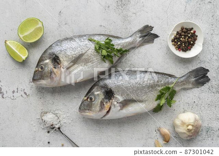 flat lay delicious seafood arrangement 87301042