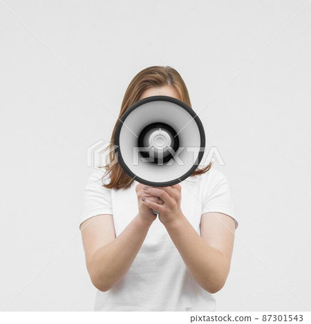 front view girl screaming megaphone front view girl screaming megaphone 87301543