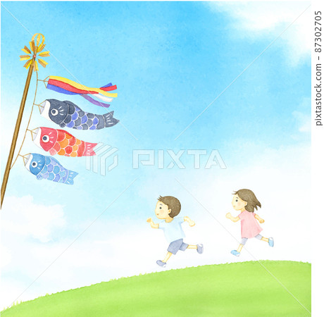 孩子們在草地上奔跑,鯉魚在藍天飄揚,水彩畫 孩子們在草地上奔跑,鯉魚在藍天飄揚,水彩畫 87302705